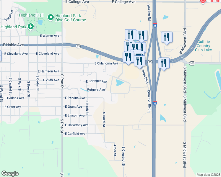 map of restaurants, bars, coffee shops, grocery stores, and more near 1925 East Springer Avenue in Guthrie