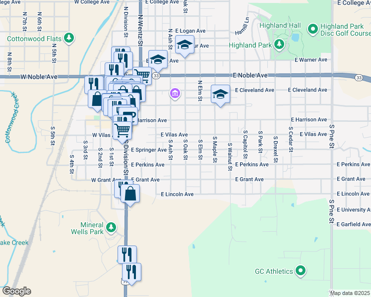 map of restaurants, bars, coffee shops, grocery stores, and more near 419 East Vilas Avenue in Guthrie