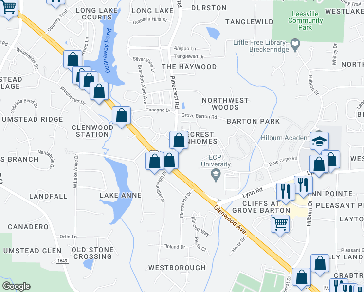 map of restaurants, bars, coffee shops, grocery stores, and more near 5529 Golden Arrow Lane in Raleigh