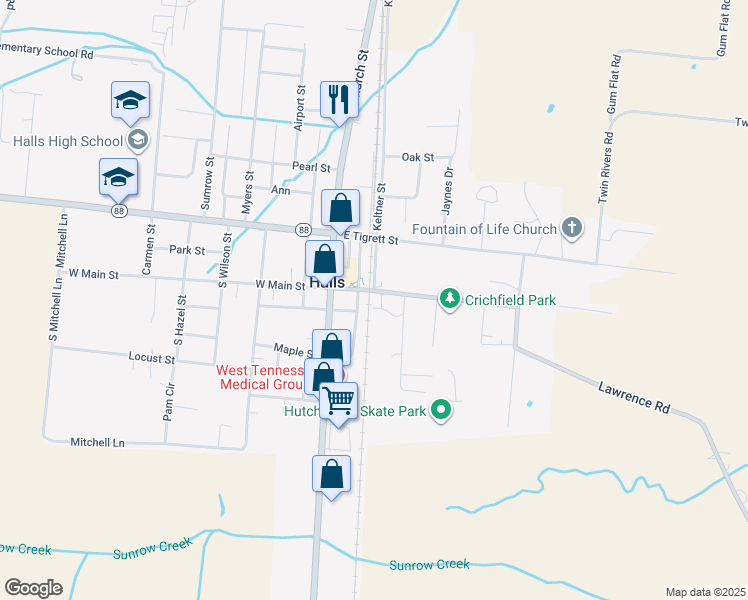 map of restaurants, bars, coffee shops, grocery stores, and more near in Halls