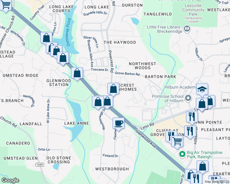 map of restaurants, bars, coffee shops, grocery stores, and more near 5529 Golden Arrow Lane in Raleigh