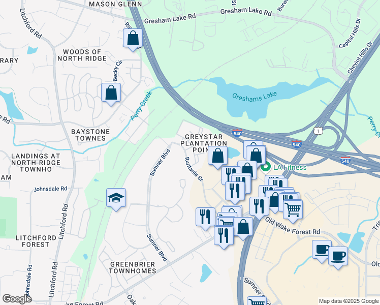 map of restaurants, bars, coffee shops, grocery stores, and more near 3240 Trimblestone Lane in Raleigh