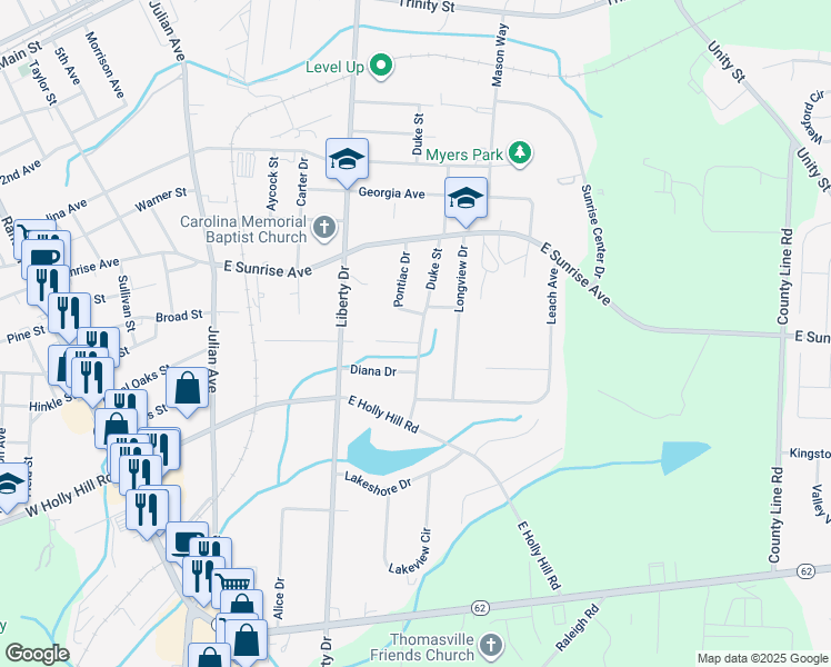 map of restaurants, bars, coffee shops, grocery stores, and more near 715 Harrington Street in Thomasville
