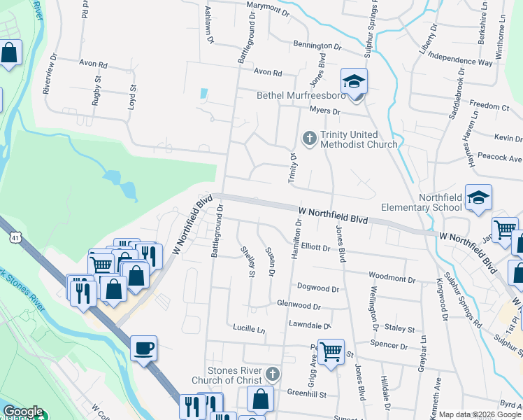 map of restaurants, bars, coffee shops, grocery stores, and more near 1210 West Northfield Boulevard in Murfreesboro