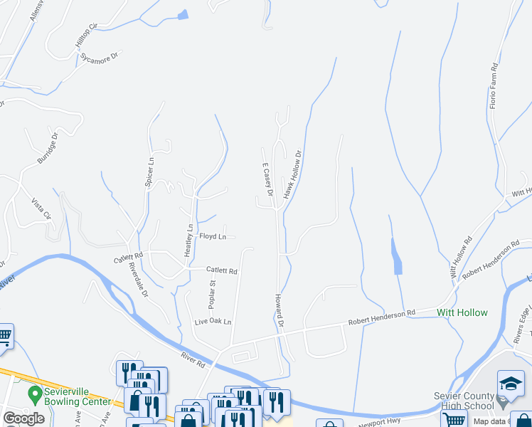 map of restaurants, bars, coffee shops, grocery stores, and more near 727 West Casey Drive in Sevierville