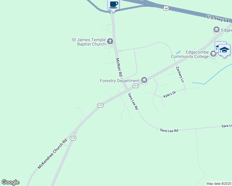 map of restaurants, bars, coffee shops, grocery stores, and more near 3386 McKendree Church Road in Tarboro