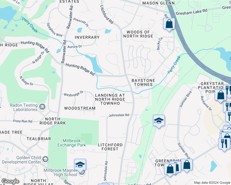 map of restaurants, bars, coffee shops, grocery stores, and more near 6914 Hunters Way in Raleigh