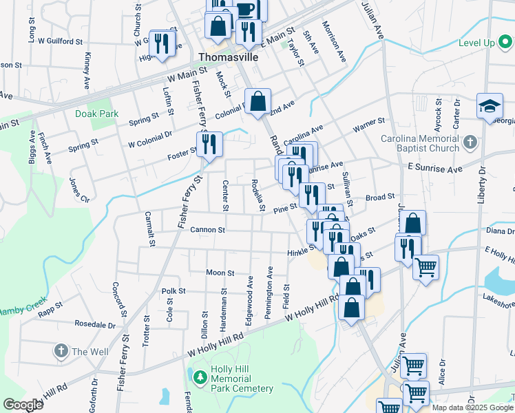 map of restaurants, bars, coffee shops, grocery stores, and more near 202 Rodelia Street in Thomasville