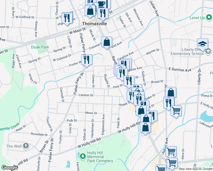 map of restaurants, bars, coffee shops, grocery stores, and more near 202 Rodelia Street in Thomasville