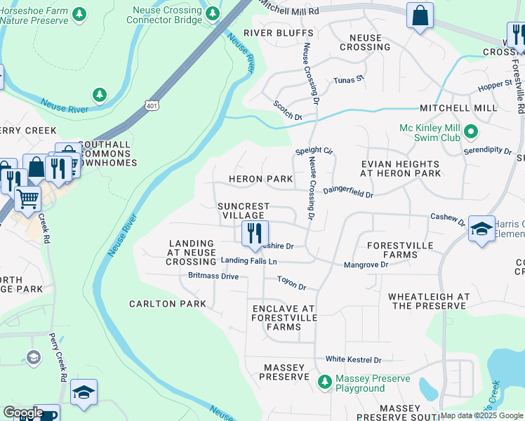 map of restaurants, bars, coffee shops, grocery stores, and more near 6503 Grassy Knoll Lane in Raleigh