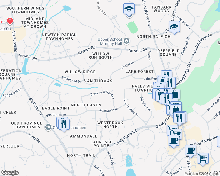 map of restaurants, bars, coffee shops, grocery stores, and more near 6712 Spencer Court in Raleigh