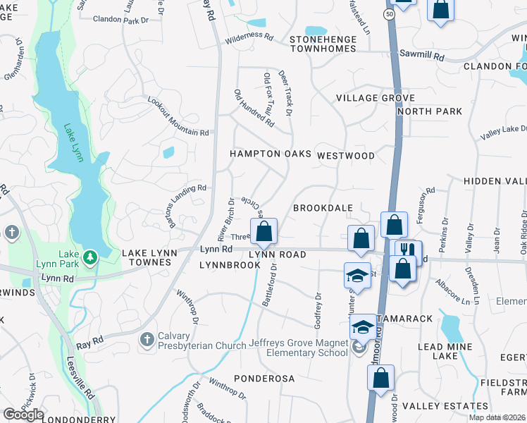 map of restaurants, bars, coffee shops, grocery stores, and more near 7000 Three Bridges Circle in Raleigh