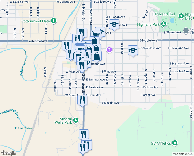map of restaurants, bars, coffee shops, grocery stores, and more near 213 East Vilas Avenue in Guthrie