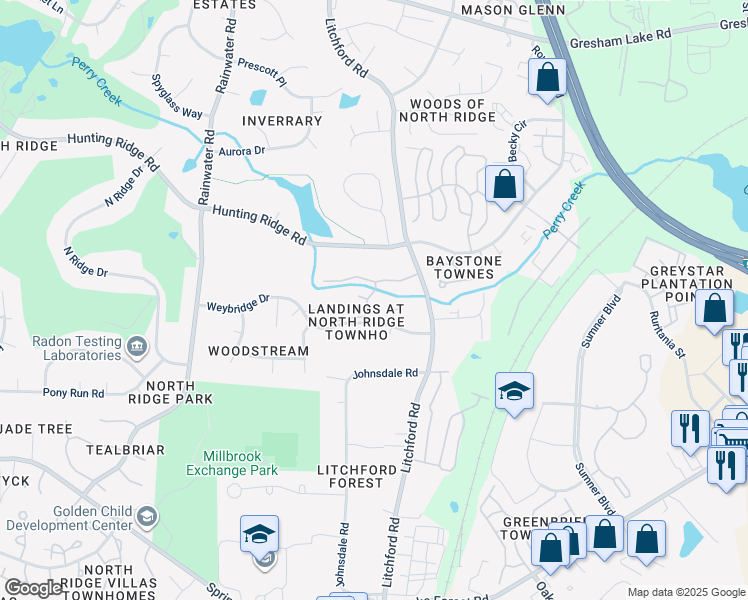 map of restaurants, bars, coffee shops, grocery stores, and more near 6914 Hunters Way in Raleigh