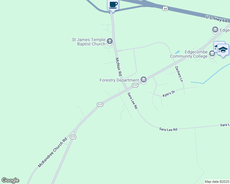map of restaurants, bars, coffee shops, grocery stores, and more near 3386 McKendree Church Road in Tarboro