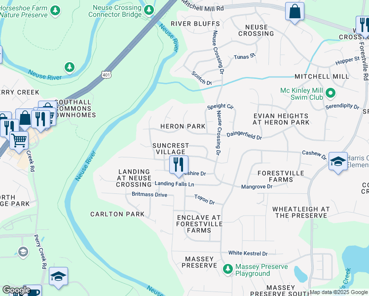 map of restaurants, bars, coffee shops, grocery stores, and more near 6503 Grassy Knoll Lane in Raleigh