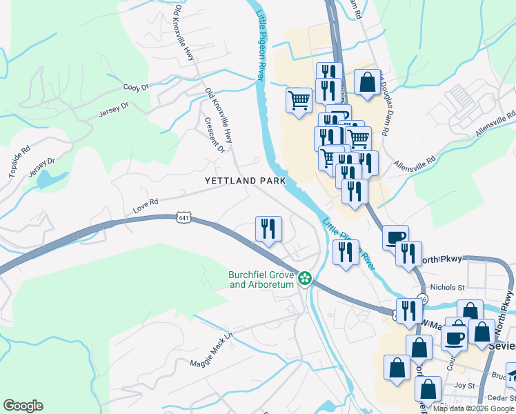 map of restaurants, bars, coffee shops, grocery stores, and more near 19a Old Knoxville Highway in Sevierville