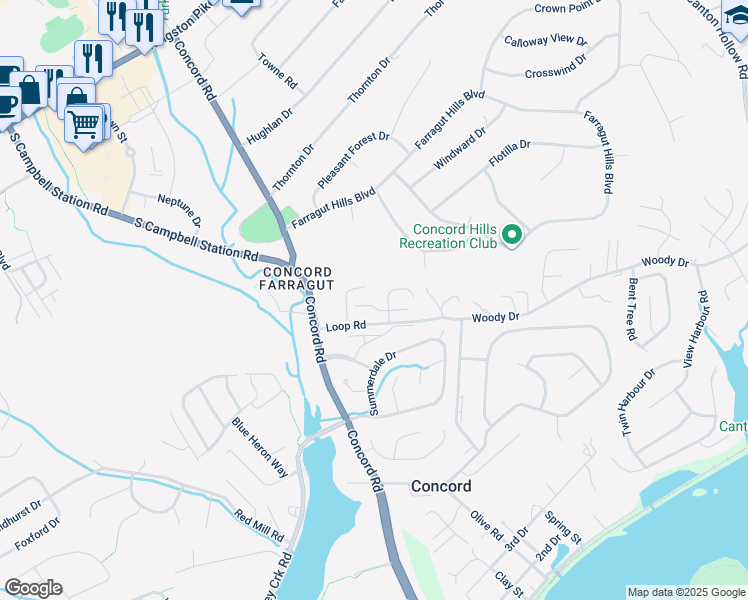 map of restaurants, bars, coffee shops, grocery stores, and more near 11219 Joiner Way in Knoxville