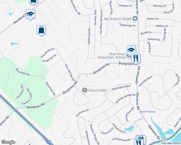 map of restaurants, bars, coffee shops, grocery stores, and more near 9029 Bluegrass Road in Knoxville