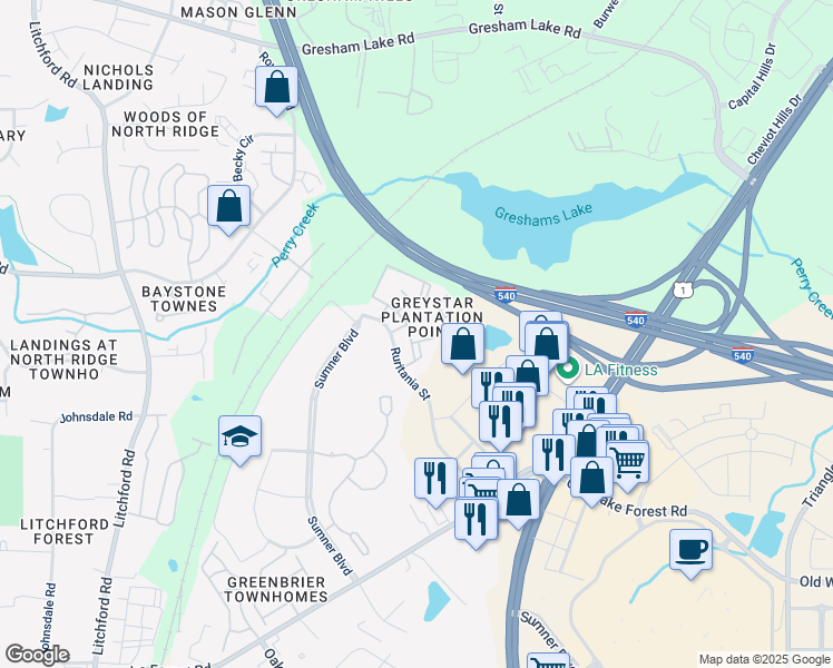 map of restaurants, bars, coffee shops, grocery stores, and more near 3237 Trimblestone Lane in Raleigh