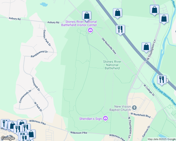 map of restaurants, bars, coffee shops, grocery stores, and more near Park Road in Murfreesboro