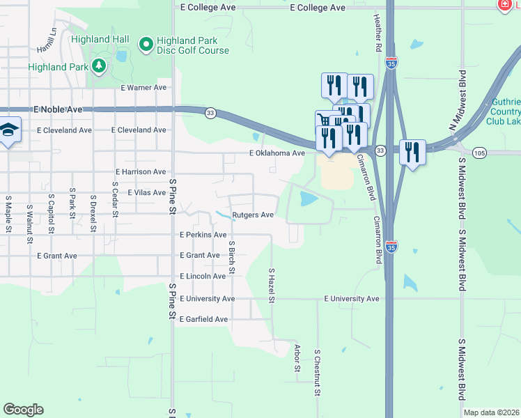 map of restaurants, bars, coffee shops, grocery stores, and more near 1901 East Springer Avenue in Guthrie
