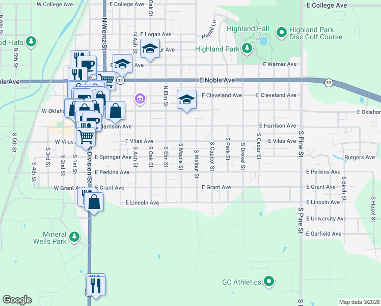 map of restaurants, bars, coffee shops, grocery stores, and more near 304 South Maple Street in Guthrie