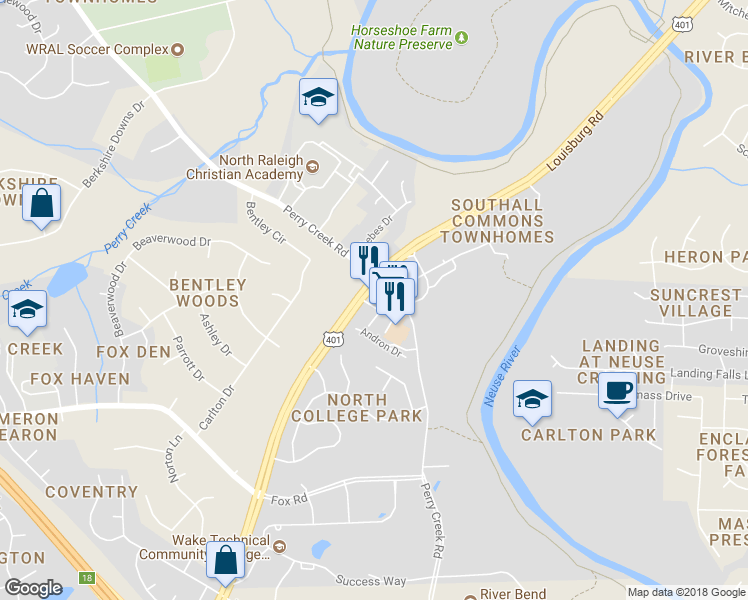 map of restaurants, bars, coffee shops, grocery stores, and more near 7460 Louisburg Rd in Raleigh