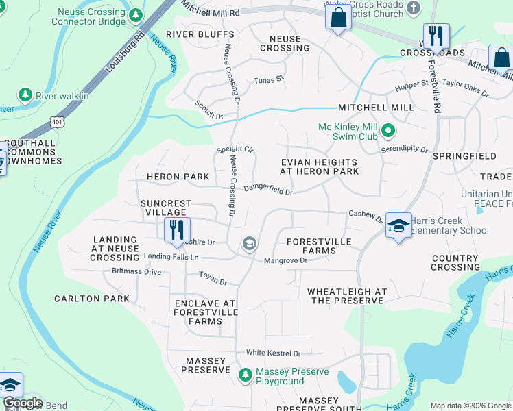 map of restaurants, bars, coffee shops, grocery stores, and more near 4019 Cashew Drive in Raleigh