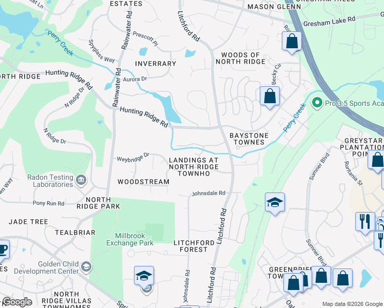 map of restaurants, bars, coffee shops, grocery stores, and more near 6921 Hunters Way in Raleigh