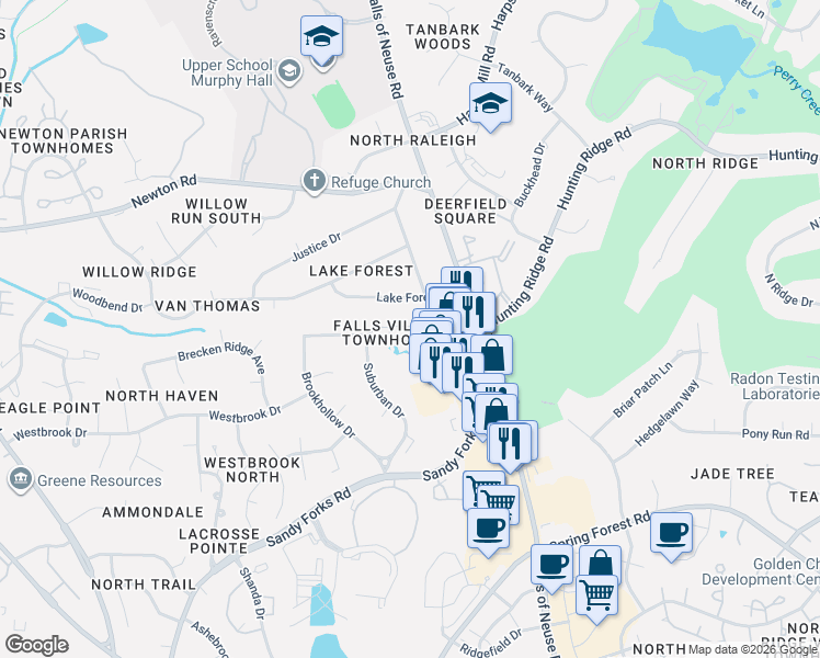 map of restaurants, bars, coffee shops, grocery stores, and more near 836 Lake Forest Drive in Raleigh