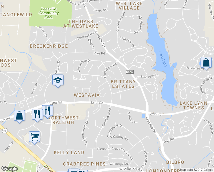 map of restaurants, bars, coffee shops, grocery stores, and more near 6920 Glendower Road in Raleigh