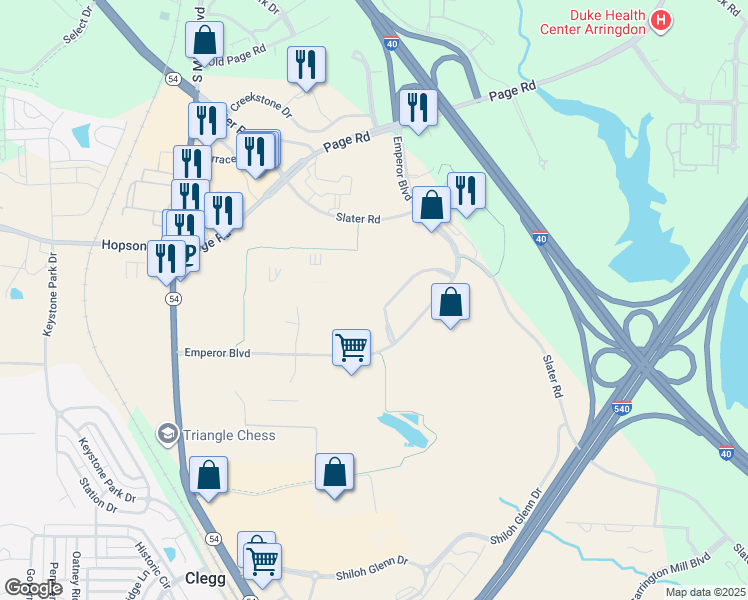 map of restaurants, bars, coffee shops, grocery stores, and more near 4309 Emperor Boulevard in Durham