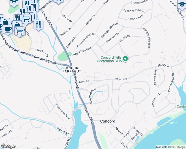 map of restaurants, bars, coffee shops, grocery stores, and more near 607 Concord Villas Way in Knoxville
