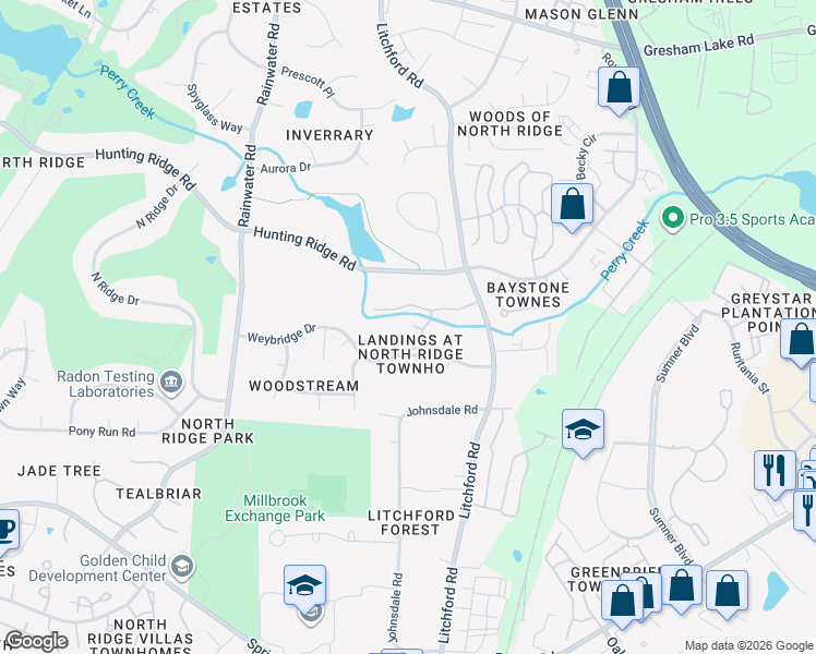 map of restaurants, bars, coffee shops, grocery stores, and more near 6921 Hunters Way in Raleigh