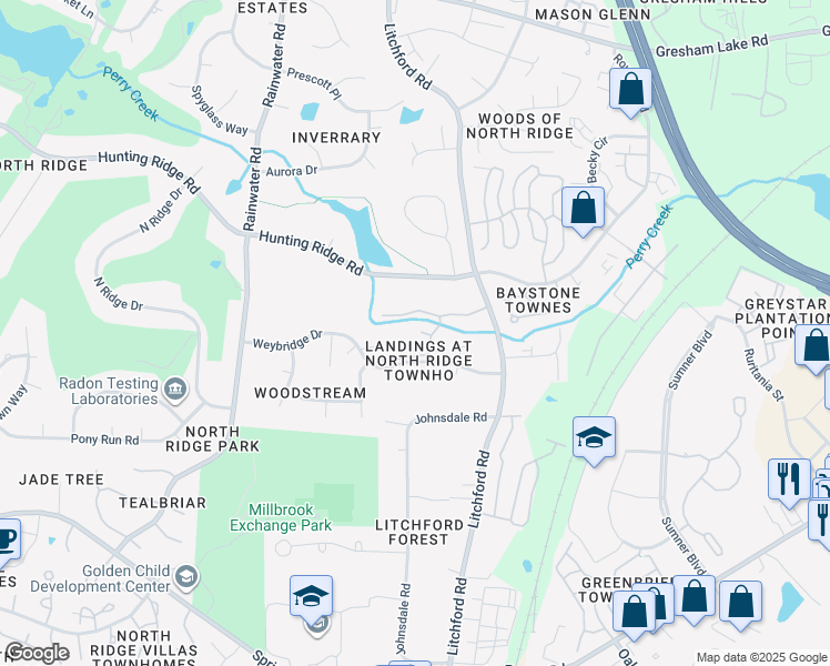 map of restaurants, bars, coffee shops, grocery stores, and more near 6921 Hunters Way in Raleigh