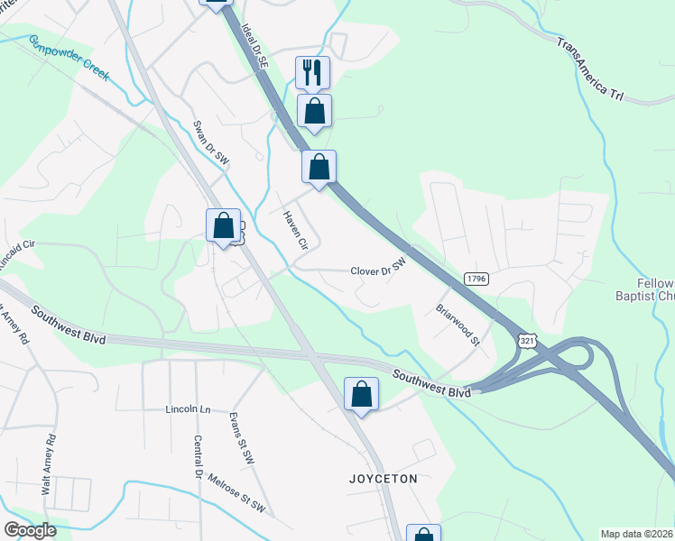 map of restaurants, bars, coffee shops, grocery stores, and more near 172 Clover Drive Southwest in Lenoir