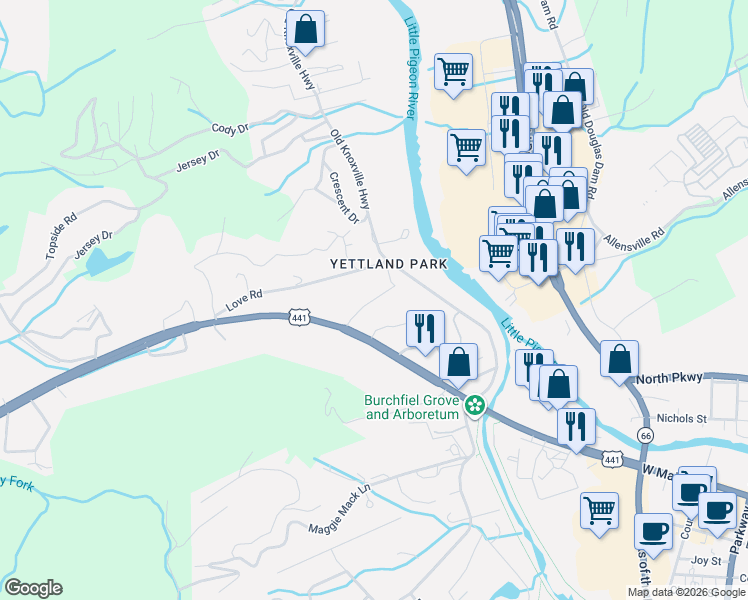 map of restaurants, bars, coffee shops, grocery stores, and more near Mountain View Drive in Sevierville