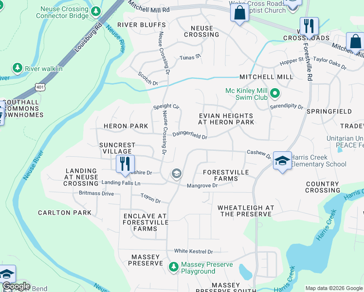 map of restaurants, bars, coffee shops, grocery stores, and more near 4019 Cashew Drive in Raleigh