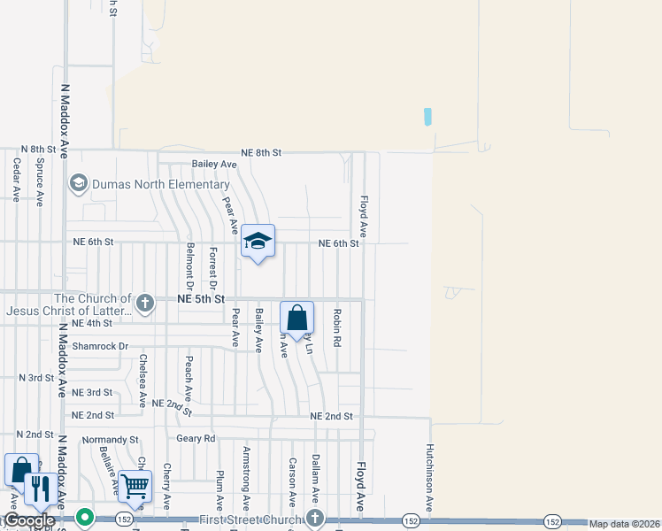 map of restaurants, bars, coffee shops, grocery stores, and more near 511 Robin Road in Dumas