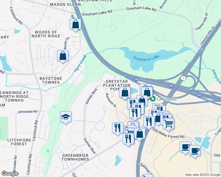 map of restaurants, bars, coffee shops, grocery stores, and more near 3237 Trimblestone Lane in Raleigh