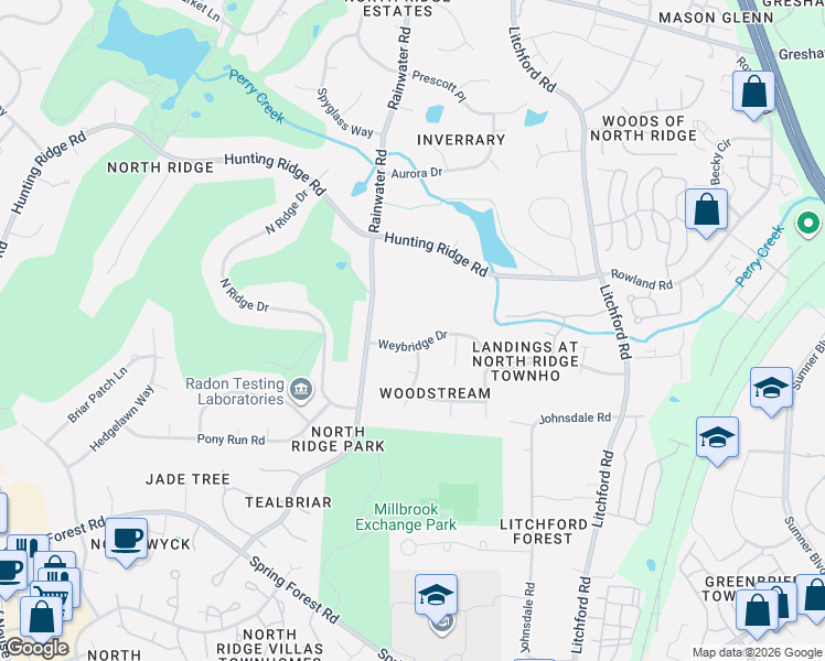 map of restaurants, bars, coffee shops, grocery stores, and more near 2101 Weybridge Drive in Raleigh