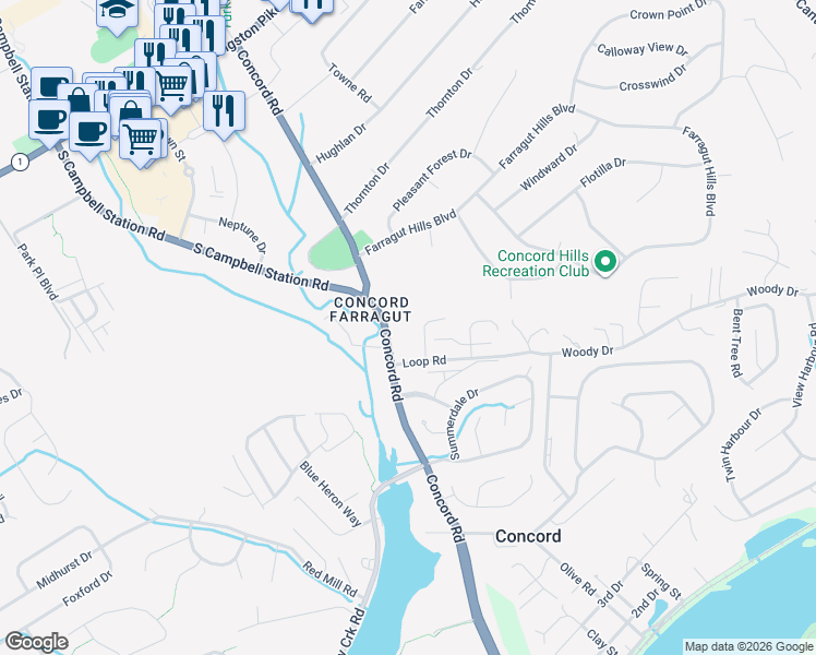 map of restaurants, bars, coffee shops, grocery stores, and more near 506 Concord Road in Knoxville