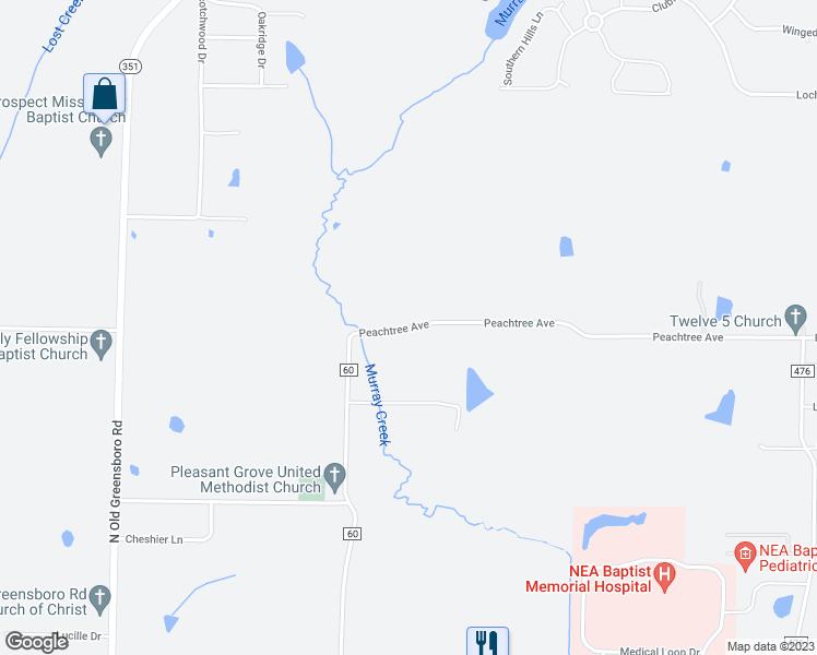 map of restaurants, bars, coffee shops, grocery stores, and more near 4209 Peachtree Avenue in Jonesboro