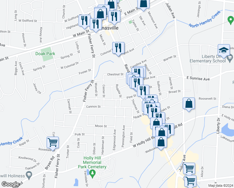 map of restaurants, bars, coffee shops, grocery stores, and more near 200 Rodelia Street in Thomasville