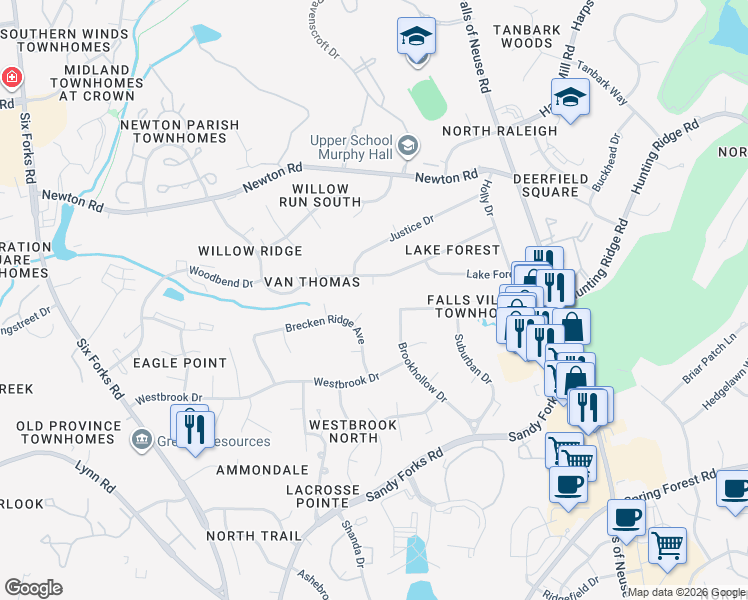map of restaurants, bars, coffee shops, grocery stores, and more near 6712 Spencer Court in Raleigh