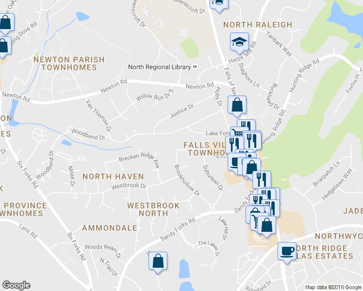 map of restaurants, bars, coffee shops, grocery stores, and more near 709 Hunting Ridge Road in Raleigh