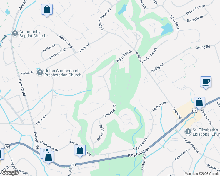 map of restaurants, bars, coffee shops, grocery stores, and more near 12146 North Fox Den Drive in Knoxville