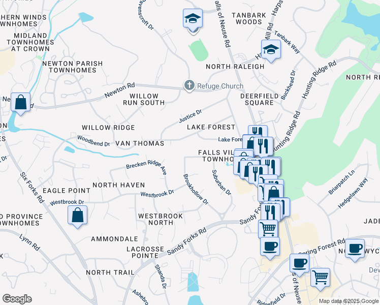 map of restaurants, bars, coffee shops, grocery stores, and more near 709 Hunting Ridge Road in Raleigh