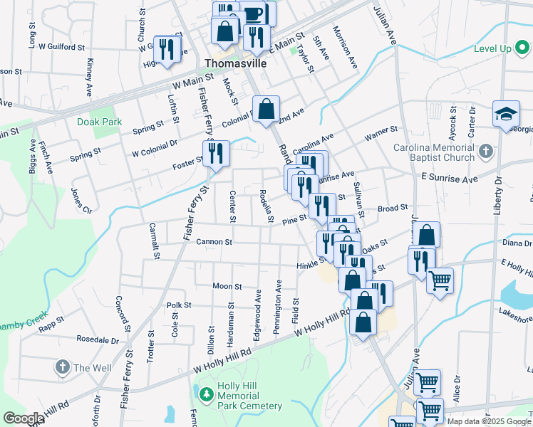 map of restaurants, bars, coffee shops, grocery stores, and more near 200 Rodelia Street in Thomasville